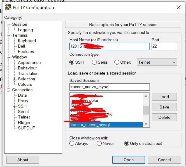 Configuración SSH en PuTTY