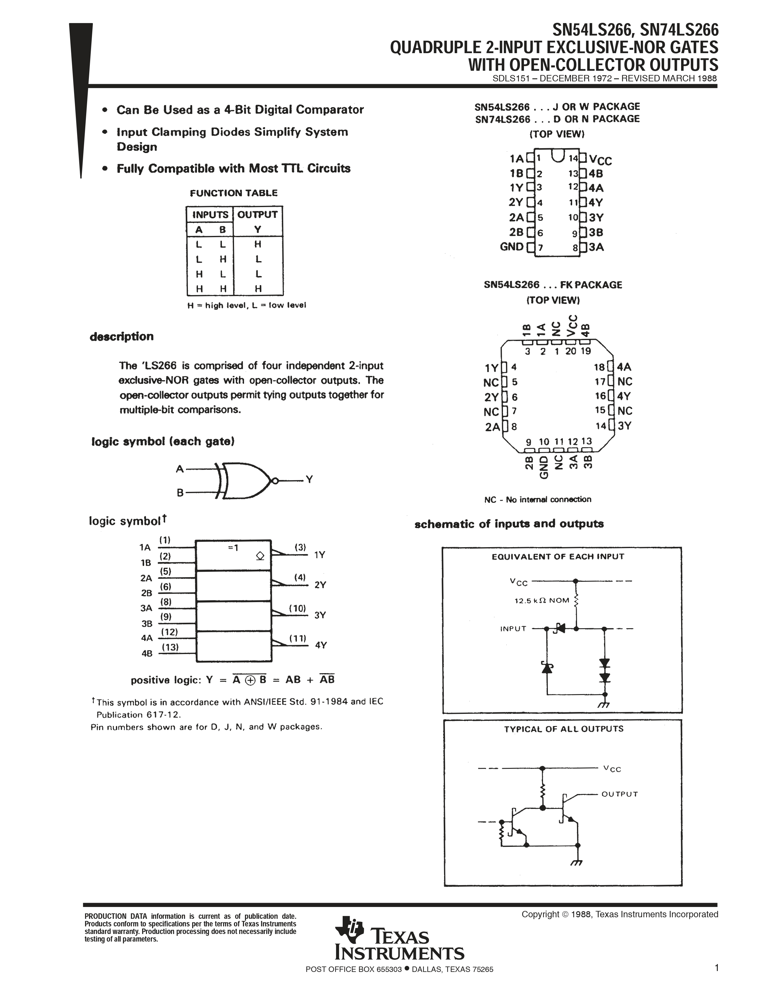 74266 IC Datasheet - XNOR Gate Pin Configuration Truth Table
